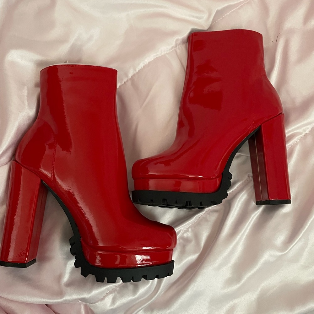 Beautiful cherry red heel boots - never worn - size 6